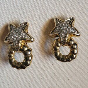 Vintage Gold Star Rhinestone Earrings - Clip On